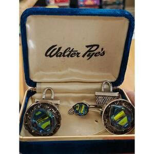 1950/60’s Walter Pye’s Iridescent Watermelon Rivoli Stone Cufflinks and Tie Tack